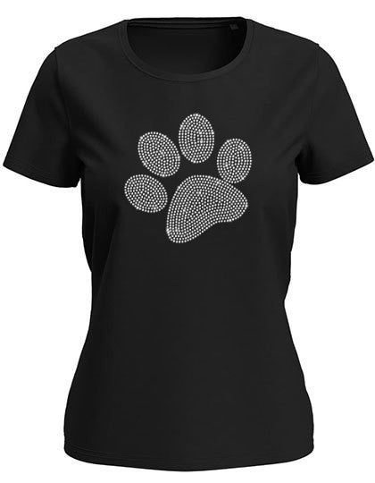 Damen T-Shirt schwarz mit Strass Pfote gefuellt