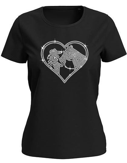 Damen T-Shirt mit Silber Strass Reiterin Pferd und Herz