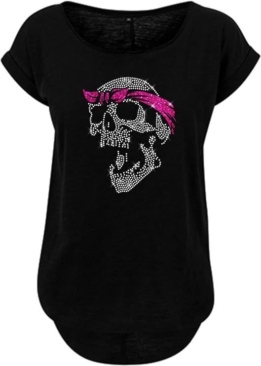 Totenkopf Damen T-Shirt mit Glitzer Pink Bandana