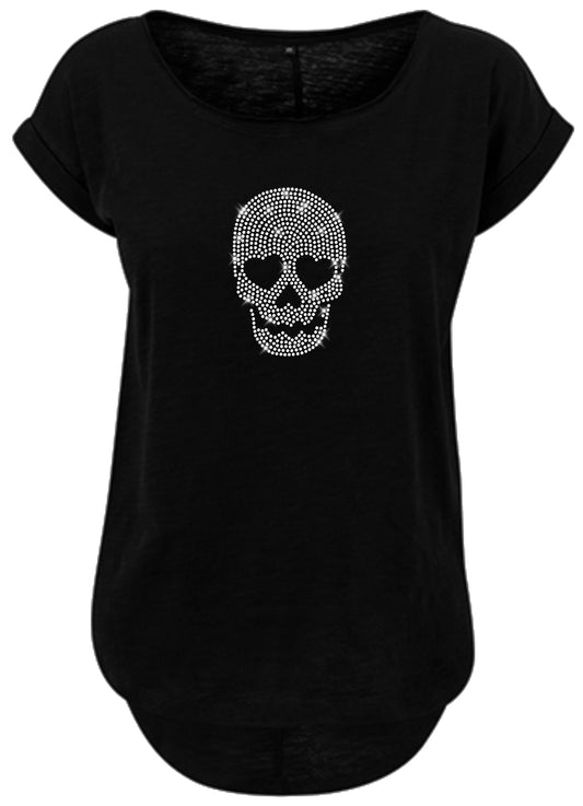 Damen T-Shirt schwarz mit mittelgroßen Totenkopf mit Herzaugen in Kristall Silber Strass